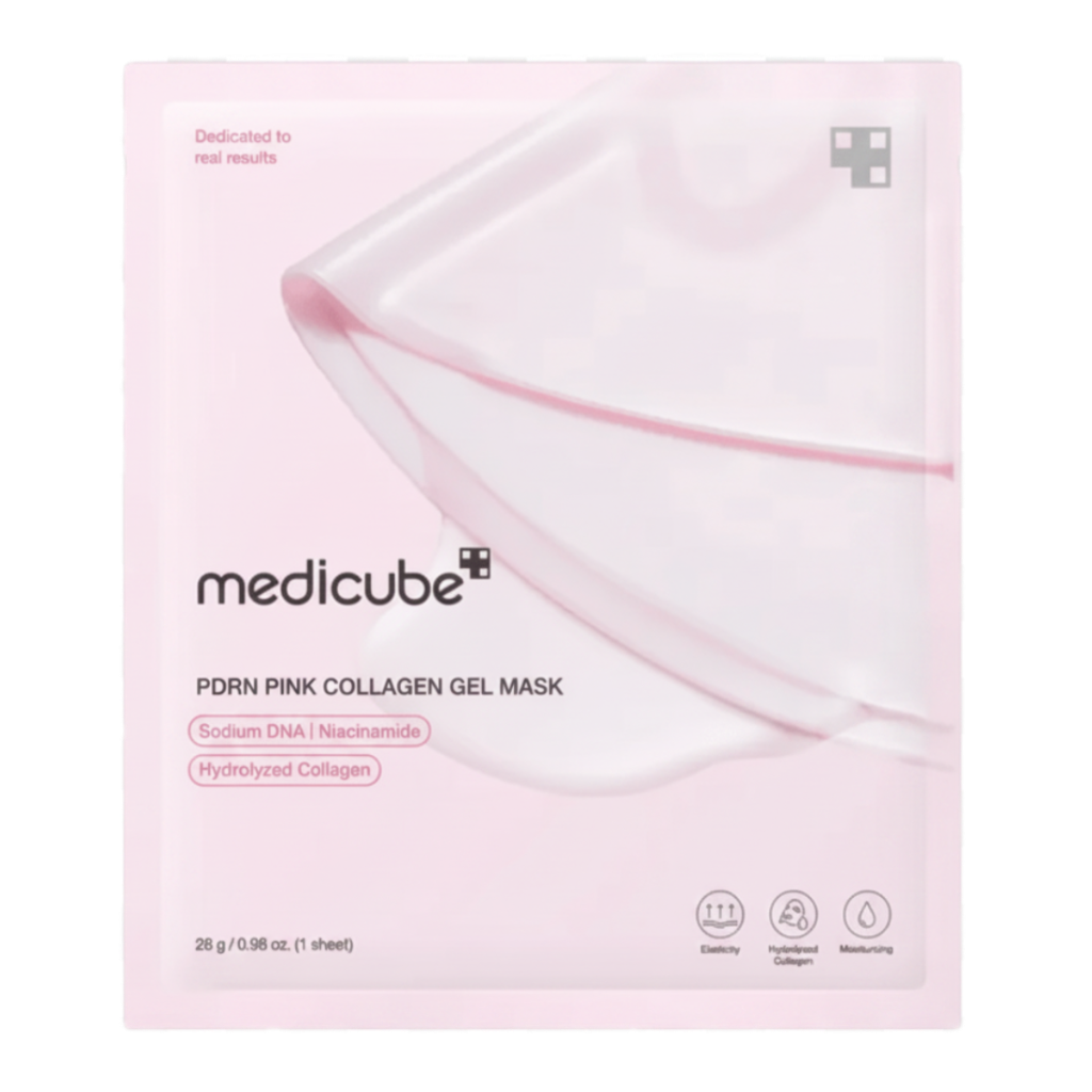 Pink collagen gel mask packaging with Medicube branding on a white background