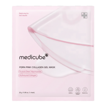 Pink collagen gel mask packaging with Medicube branding on a white background